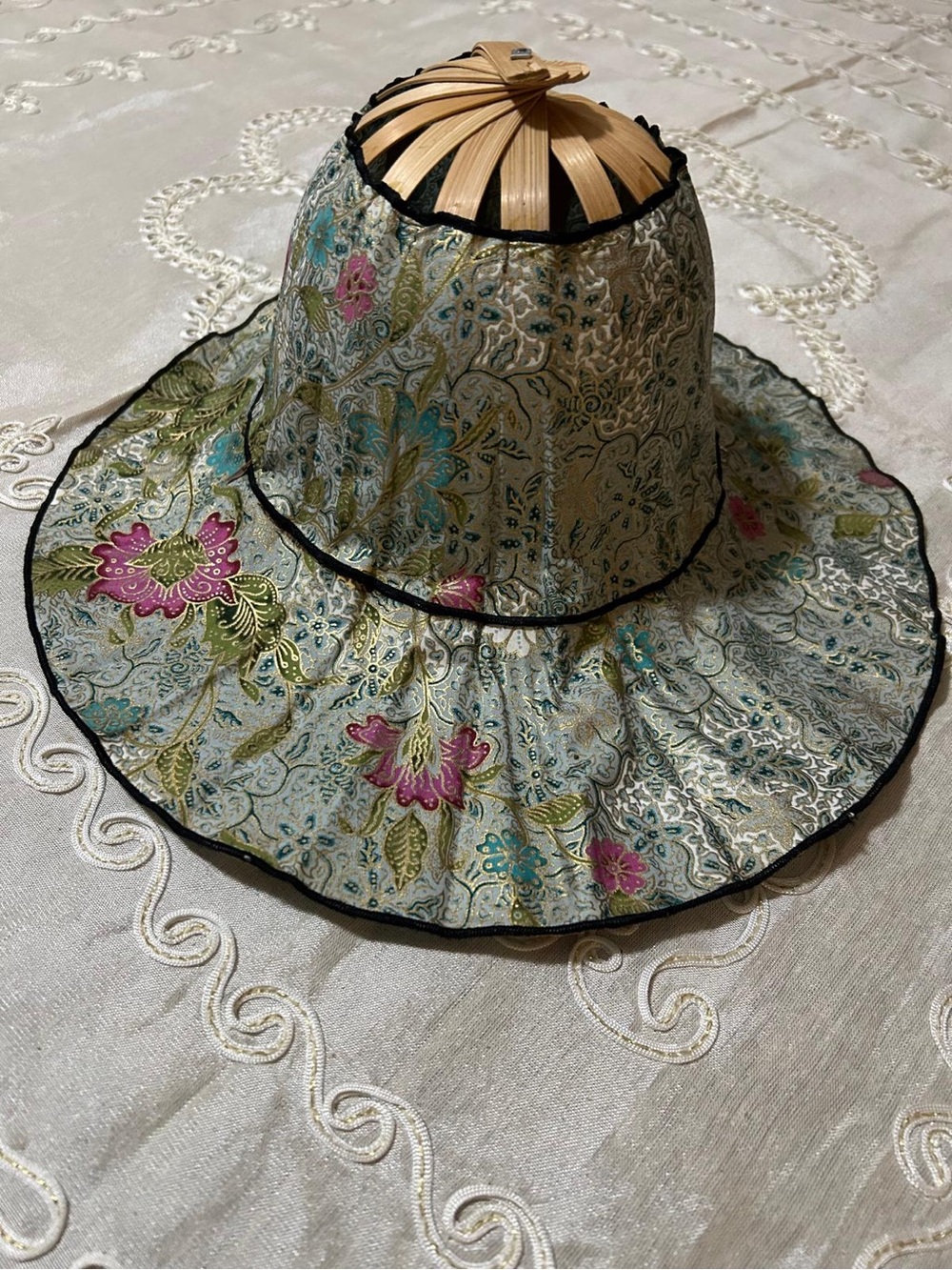 Floral Wide-Brim Sun Hat in Cream with Pink & Turquoise Accents
